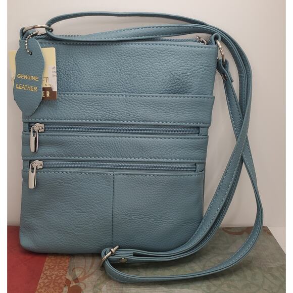 Genuine Leather Everyday Crossbody Purse Zippers Both Sides Light Blue - Picture 1 of 10